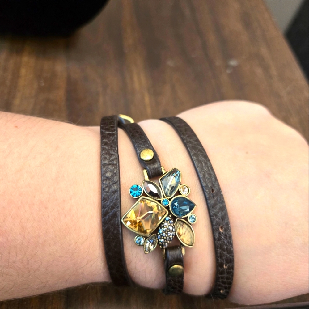 Leather Wrap Bracelet With Floral Rhinestone Pendant